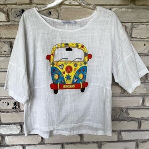 MISSLOOK XL White and Yellow Short dolman Sleeve Tee with peace volkswagon bus